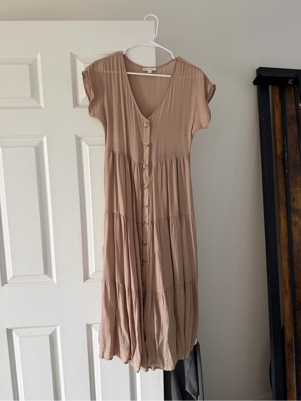 Blu Pepper Taupe Tiered Button-Front Women’s Maxi Dress